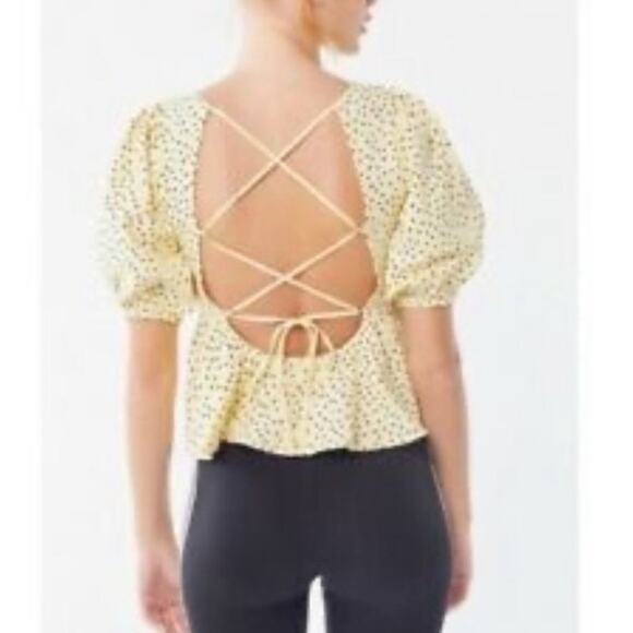 Urban Outfitters Pale Yellow Polka Dot Tie Open Back Peplum Top Large - Picture 2 of 10